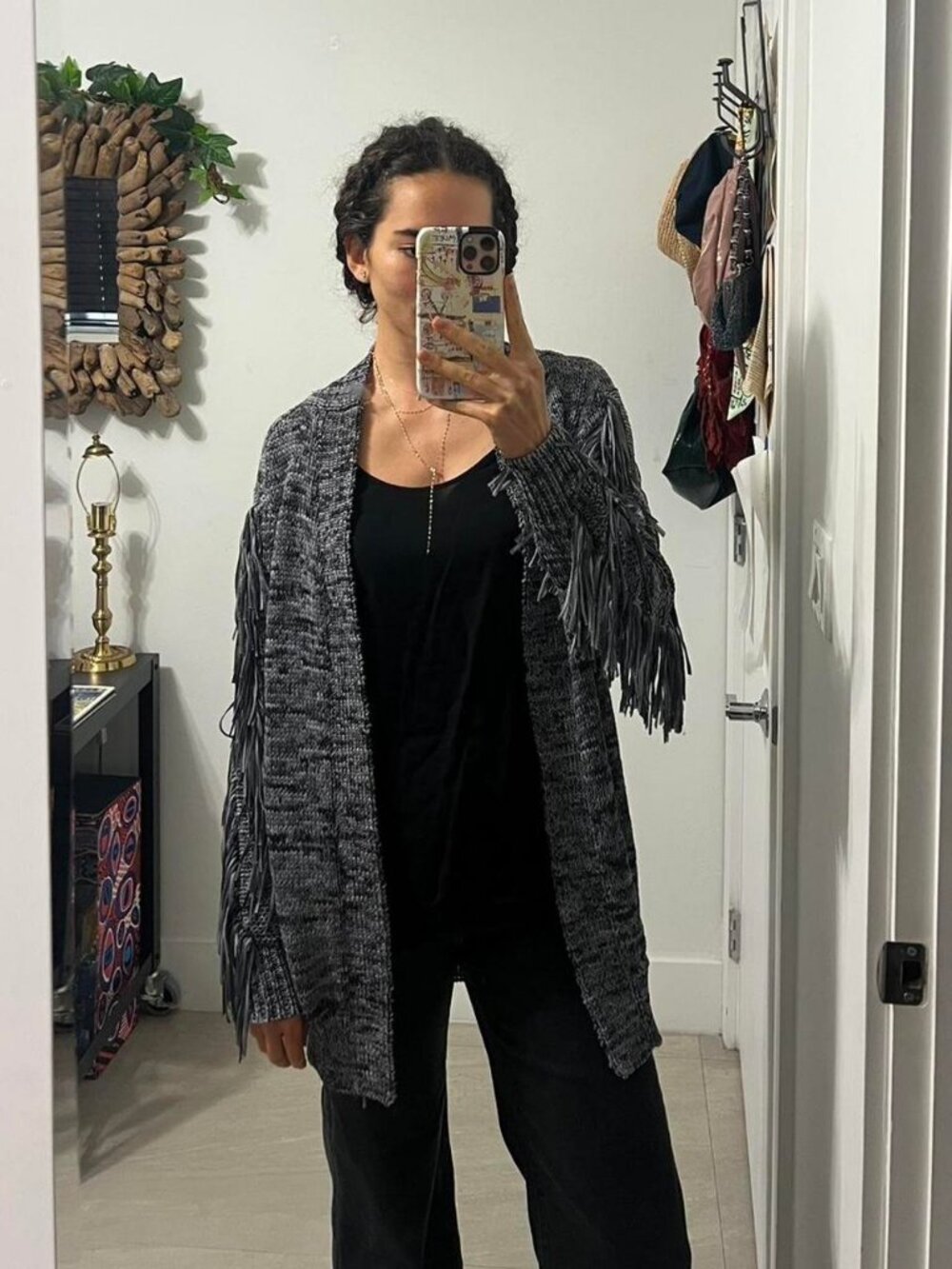 Foundrae blue gray fringe cardigan